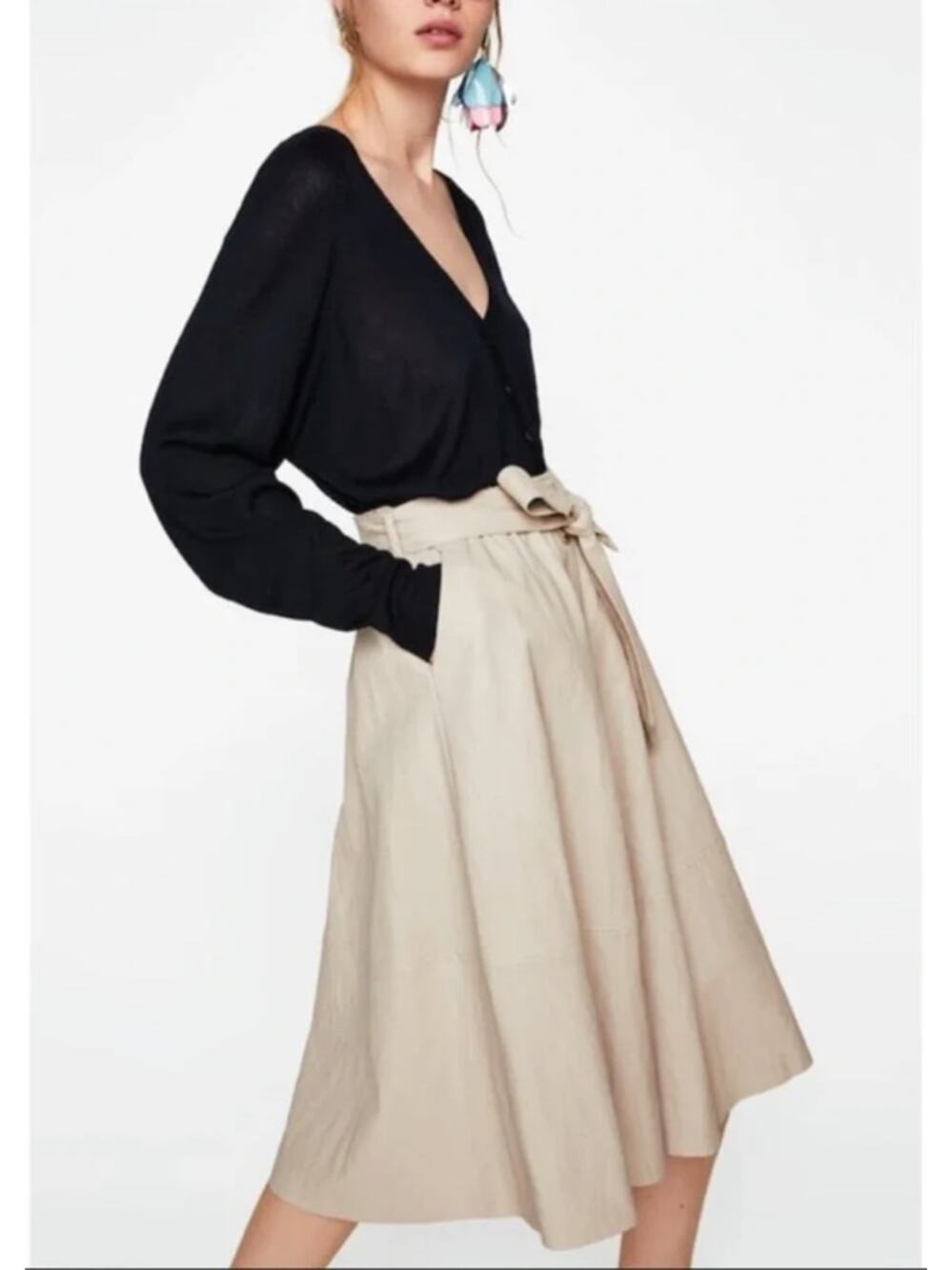 NWT Zara Full Skirt Cream Beige Faux Leather Snap Up Tie Waist Midi Stretch XS